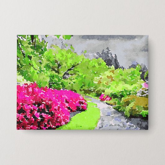 Sereen tuinpad met levendige roze bloemen button (Voorkant)