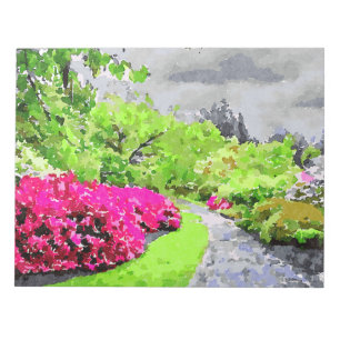 Sereen tuinpad met levendige roze bloemen notitieblok