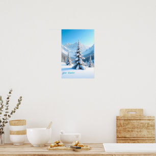 Seren landschap van besneeuwde bergen & winterdenn poster