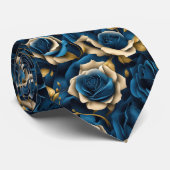 Serenade in Blauw: Goudgerand Roos op bloemblaaddo Stropdas (Opgerold)