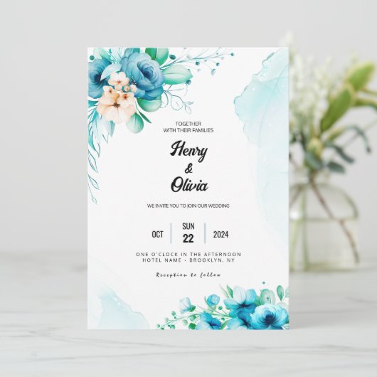 Serenade in Blauw: Waterverf bloemenbruiloft Kaart (Staand voorkant)