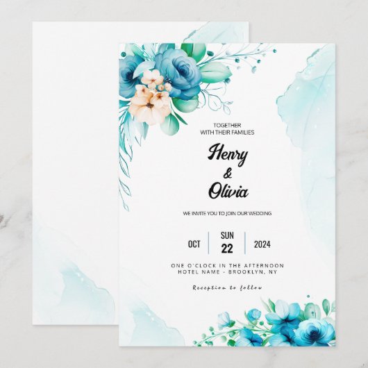 Serenade in Blauw: Waterverf bloemenbruiloft Kaart (Voorkant / Achterkant)