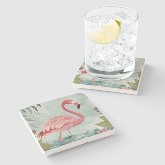 Serenade in Pink: Een paradijs van Flamingo Stenen Onderzetter (Zijkant)