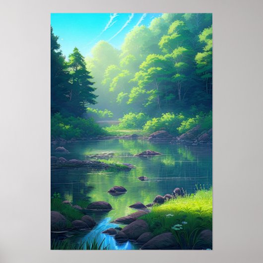 Serenade van de zomer, rivier in het groene bos poster (Voorkant)