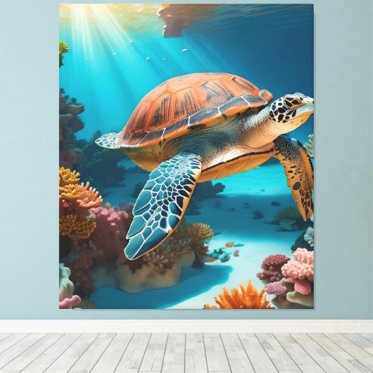 Serene 3D Zee schildpad in de oceaan - Tranquil Ma Canvas Afdruk (Insitu (Houten vloer))