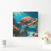 Serene 3D Zee schildpad in oceaan Tranquil Marine  Vierkante Klok (Huis)