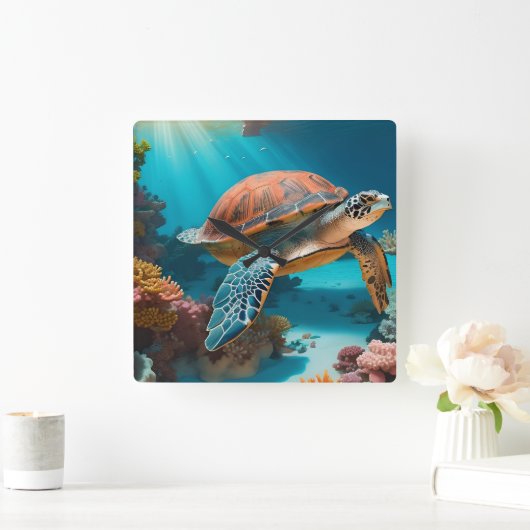 Serene 3D Zee schildpad in oceaan Tranquil Marine  Vierkante Klok (Huis)