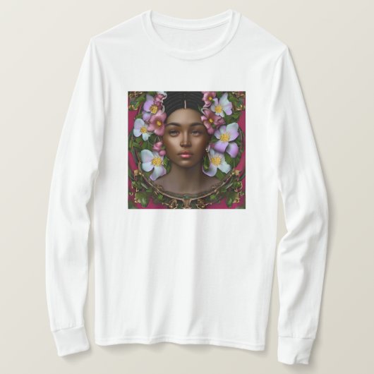 Serene Afro-Amerikaanse vrouw met bloemen T-shirt (Design voorkant)