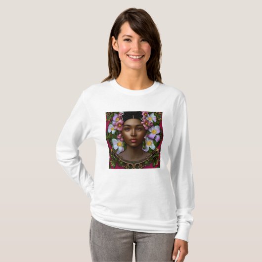 Serene Afro-Amerikaanse vrouw met bloemen T-shirt (Voorkant volledig)