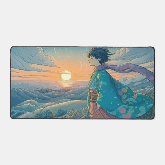Serene Anime Boy Desk Mat | Hilltop Oceon-Uitzicht (Voorkant)
