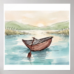 Serene Aquarel Houten Boot Meren Scene Poster