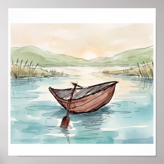Serene Aquarel Houten Boot Meren Scene Poster (Voorkant)