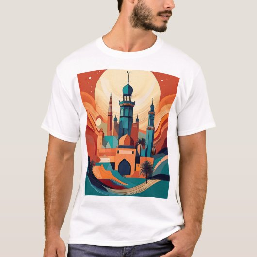 Serene Arabische moskee: culturele kunstdruk T-shirt (Voorkant)