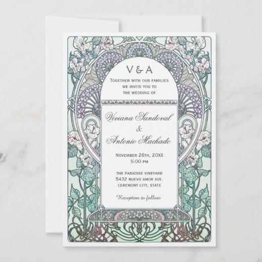 Serene Art Nouveau Wedding Invitations Kaart (Voorkant)