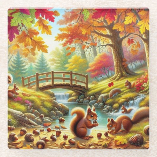 Serene Autumn Forest Scene Schilderij Glazen Onderzetter (Voorkant)