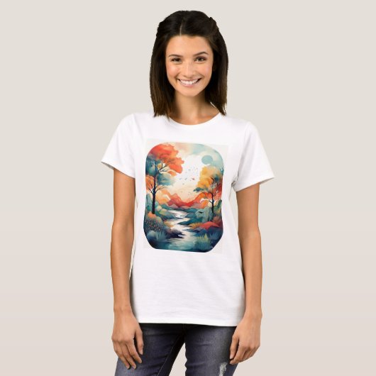 Serene Autumn Sunset: op Natuur geïnspireerde prin T-shirt (Voorkant volledig)