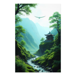 Serene Aziatische bergvallei met pagode en vogel Foto Afdruk
