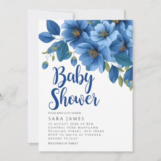 Serene Azure Bloom Baby Shower Invitation Kaart (Voorkant)