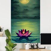 Serene Beauful Lotus Flower en Full Moon Poster (Thuiskantoor)