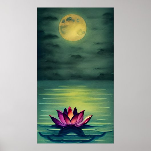 Serene Beauful Lotus Flower en Full Moon Poster (Voorkant)