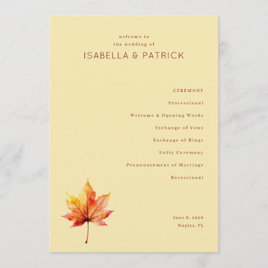 Serene Beige Herfstblad Huwelijksceremonie Programmakaart (Voorkant)