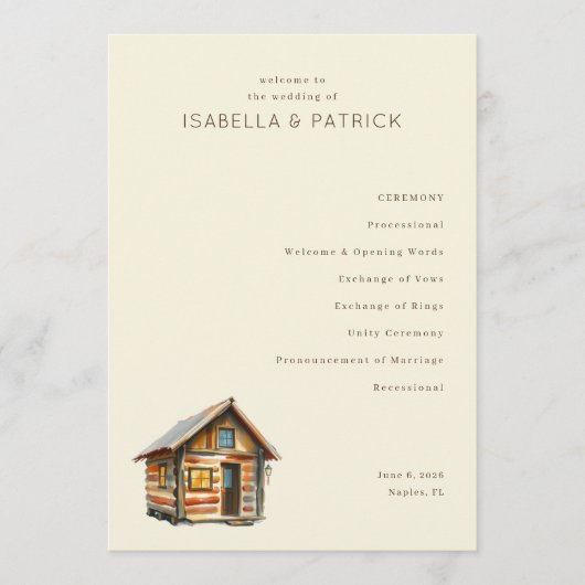 Serene Beige Houten Chalet Programmakaart (Voorkant)