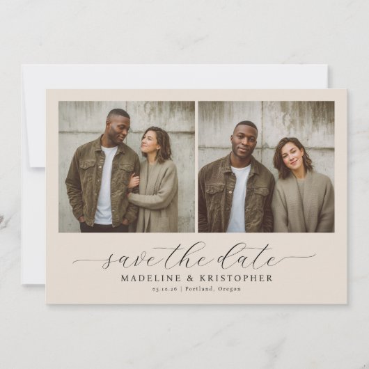 Serene Beige Minimalistische Fotocollage Save The Date (Voorkant)