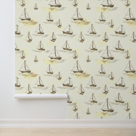 Serene Beige zeilboten op Zee Pattern Behang