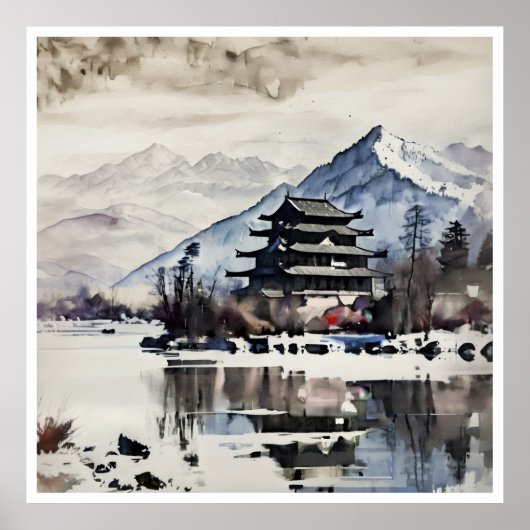 Serene Berg Pagode, winterposter Poster (Voorkant)