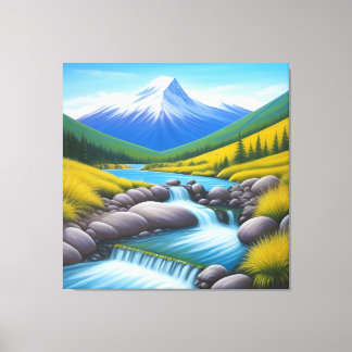 Serene berglandschap met watervalstroom canvas afdruk