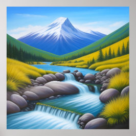 Serene berglandschap met watervalstroom poster