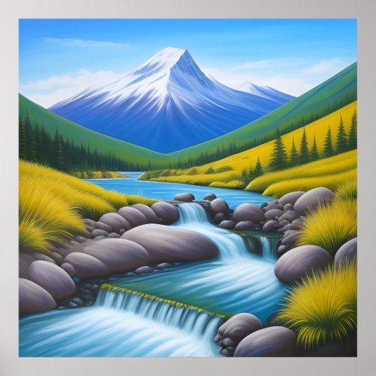 Serene berglandschap met watervalstroom poster (Voorkant)