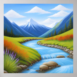 Serene berglandschap met watervalstroom poster