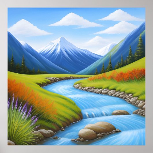 Serene berglandschap met watervalstroom poster (Voorkant)