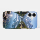 Serene bergmeerlandschap gepersonaliseerde naam iPhone 16 hoesje (Achterkant horizontaal)