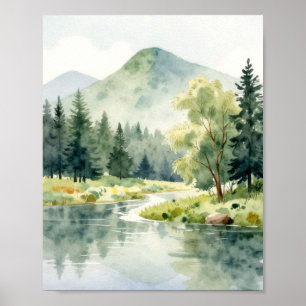 Serene Bergreflectie: Een Zachte Aquarel Land Poster