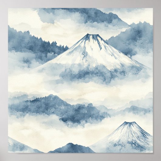 Serene Besneeuwde Bergen - Blauw & Wit Poster (Voorkant)