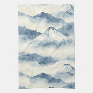 Serene Besneeuwde Bergen - Blauw & Wit Theedoek
