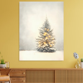 Serene besneeuwde kerstboom met gouden gloed canvas afdruk