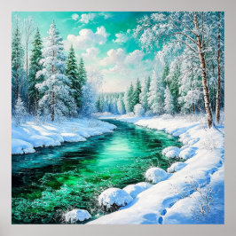 Serene besneeuwde rivieroever met groenblijvende b poster