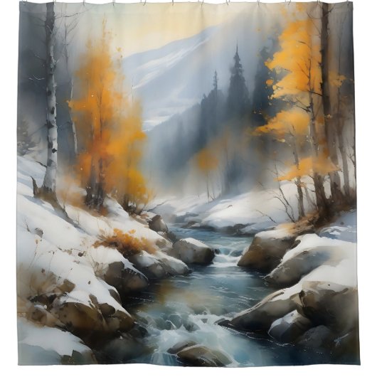 Serene besneeuwde winter rivier landschap schilder douchegordijn (Voorkant)