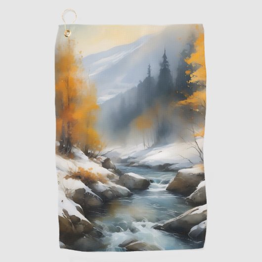 Serene besneeuwde winter rivier landschap schilder golfhanddoek (Voorkant)