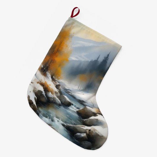 Serene besneeuwde winter rivier landschap schilder grote kerstsok (Voorkant (Hangend))