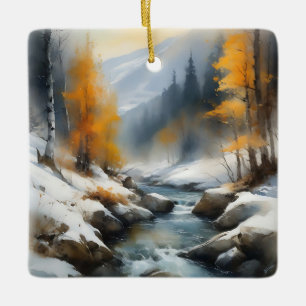 Serene besneeuwde winter rivier landschap schilder keramisch ornament