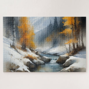 Serene besneeuwde winter rivier landschap schilder legpuzzel