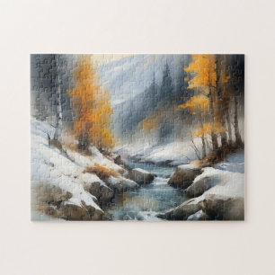 Serene besneeuwde winter rivier landschap schilder legpuzzel