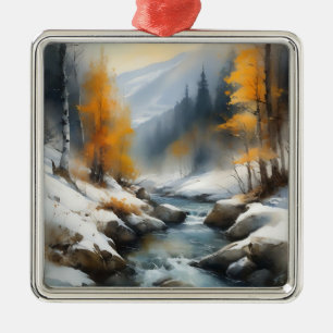 Serene besneeuwde winter rivier landschap schilder metalen ornament
