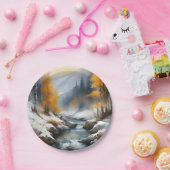 Serene besneeuwde winter rivier landschap schilder papieren bordje (Feest)