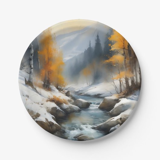 Serene besneeuwde winter rivier landschap schilder papieren bordje (Voorkant)