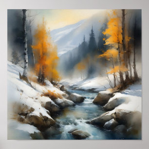 Serene besneeuwde winter rivier landschap schilder poster